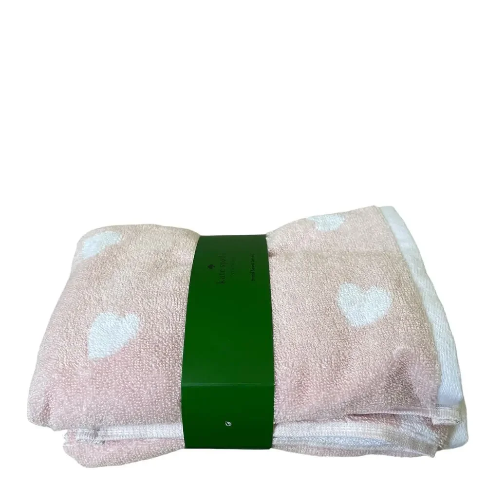 KATE SPADE Cotton Hand Towels Set of 2 Ballet Pink & White Hearts 18X28 NEW